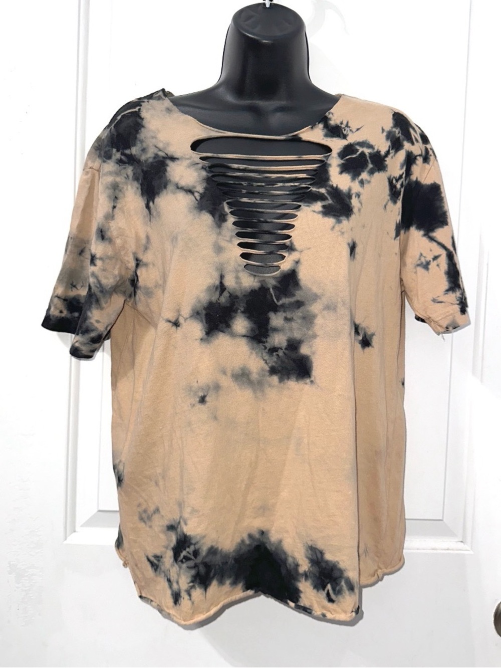 Gilded Intent black and tan cutout top, bleach-washed tie-dye effect, size Med